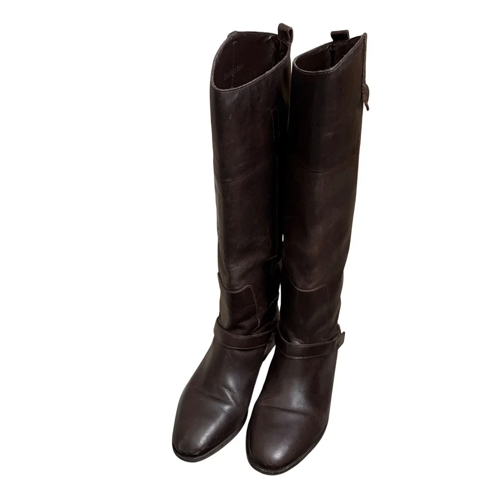 Brown Knee-High Leather‎ Riding Boots Side Strap Gold Buckle Accent Women's Sz 9